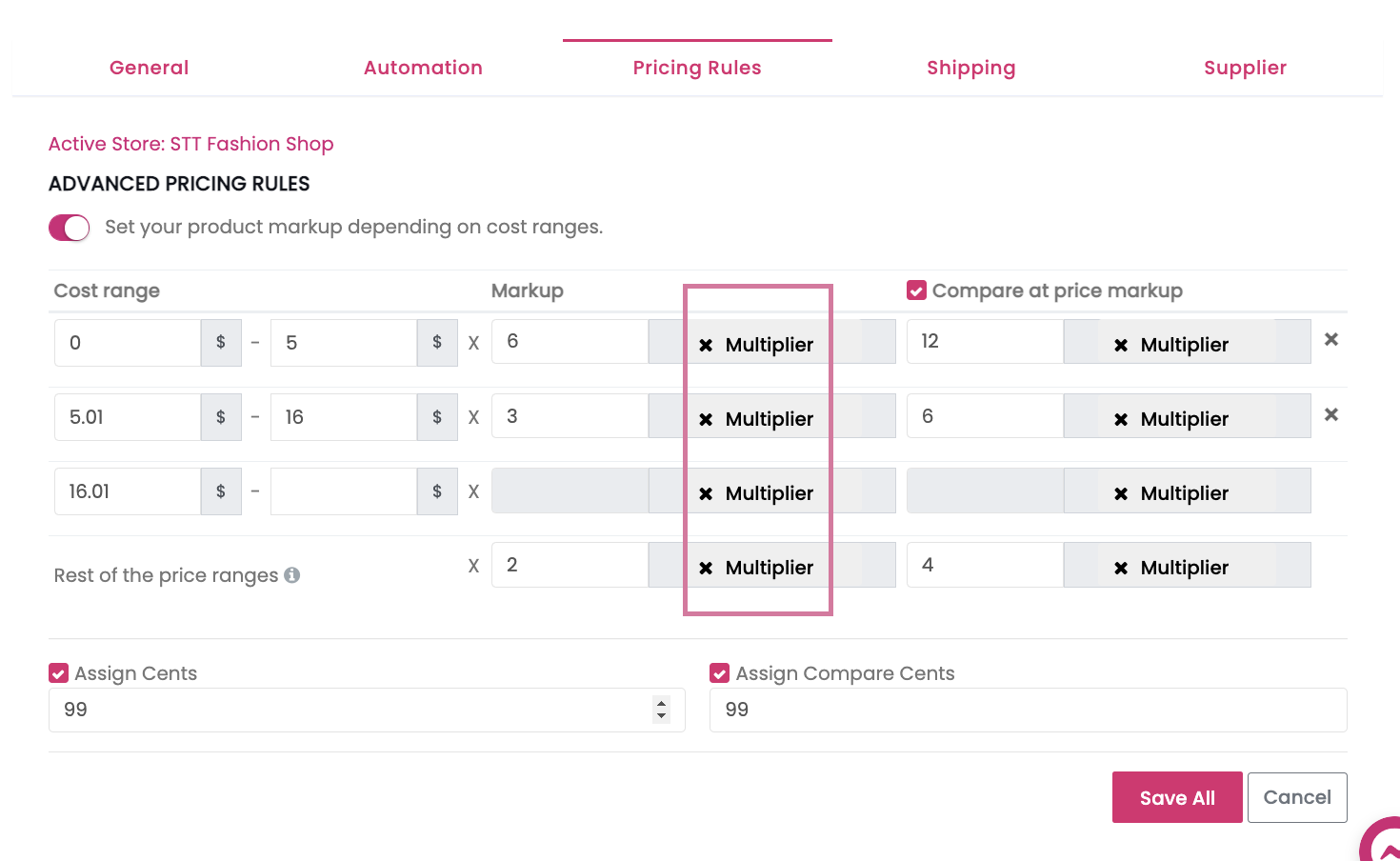 Multiplier pricing rule